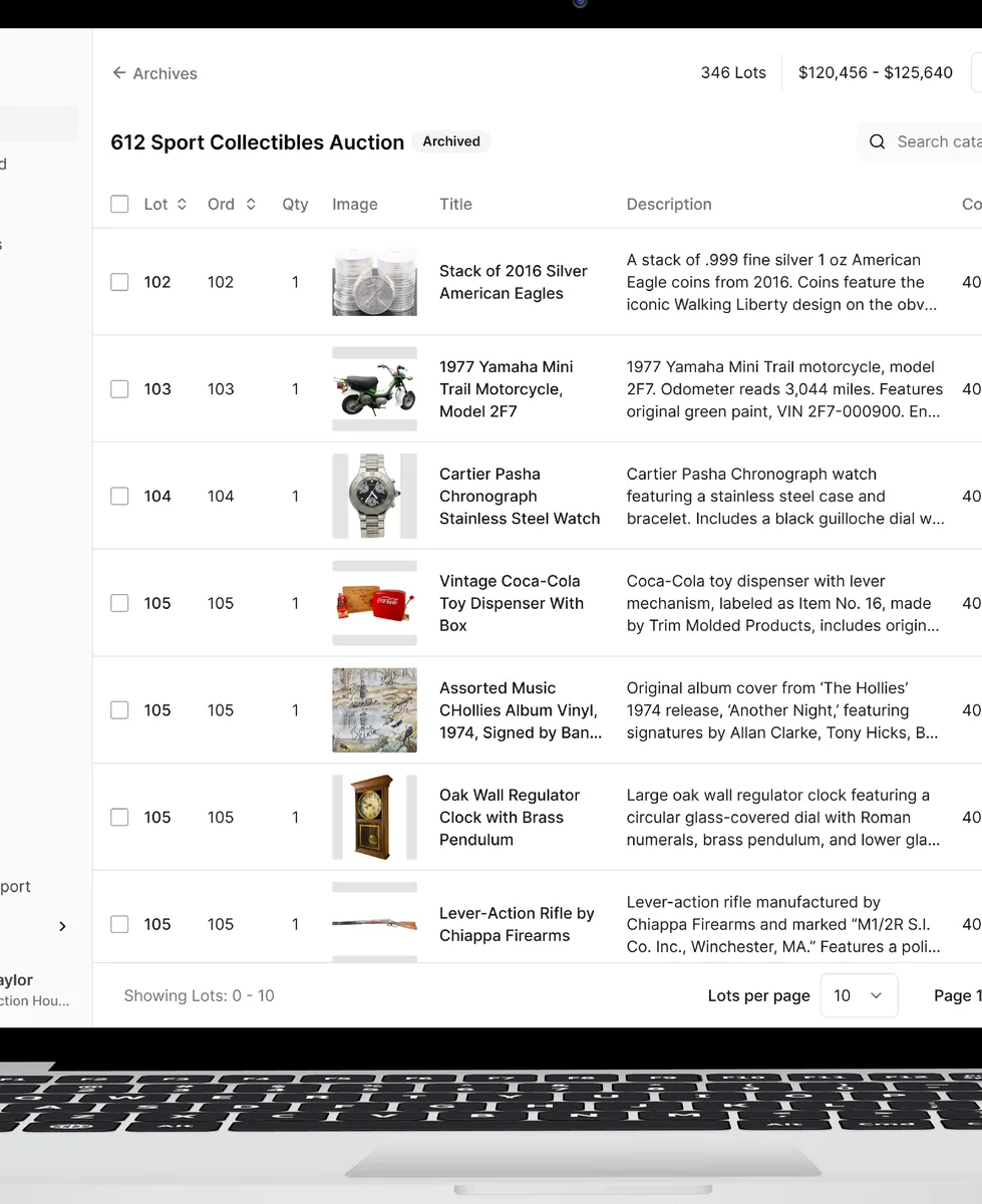 Catalog lot table with titles, images, and descriptions